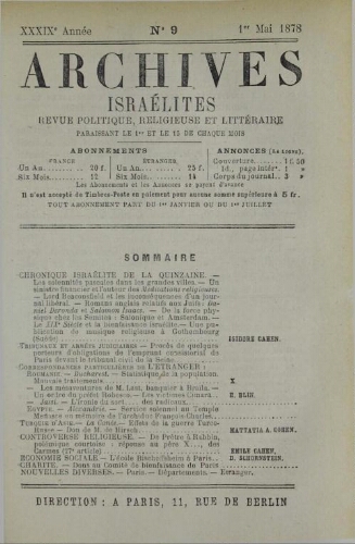 Archives israélites de France. Vol.39 N°09 (01 mai 1878)